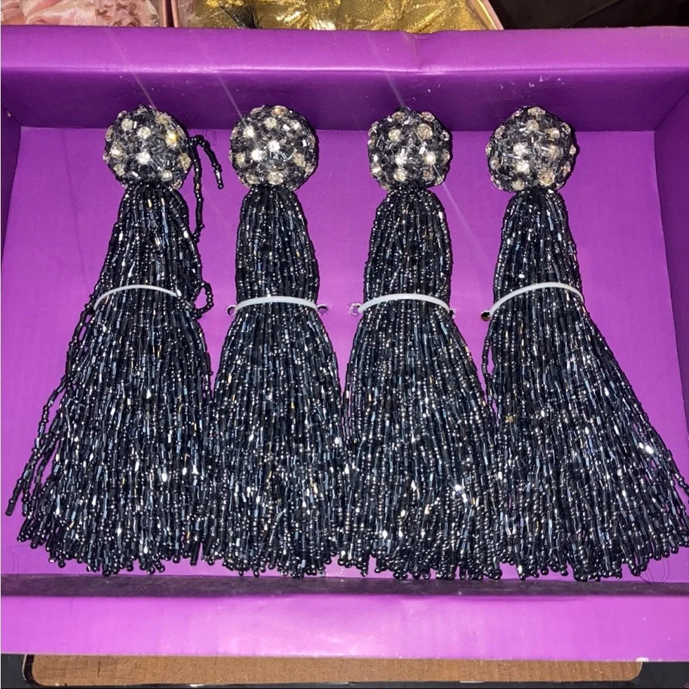 Christian Siriano Set of 4‎ Black Beaded Tassel Ornaments – Crystal Embellished
